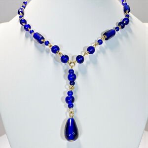 Cobalt Blue Glass Necklace, Gold Tone Beaded Y-Lariat.